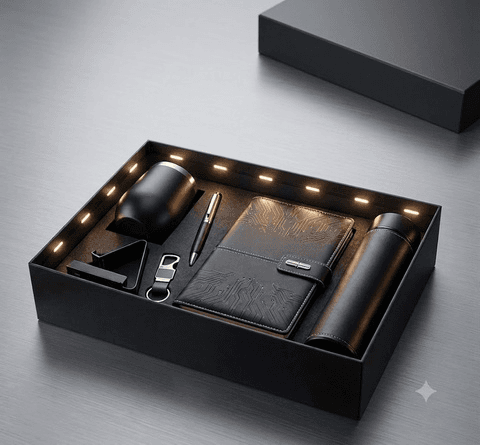 Black executive Diwali corporate gift kit in a presentation box