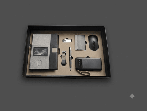 Multi-item corporate gift kit in a black presentation box