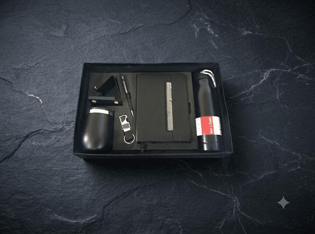 Black corporate gift kit with bottle and desk accessories